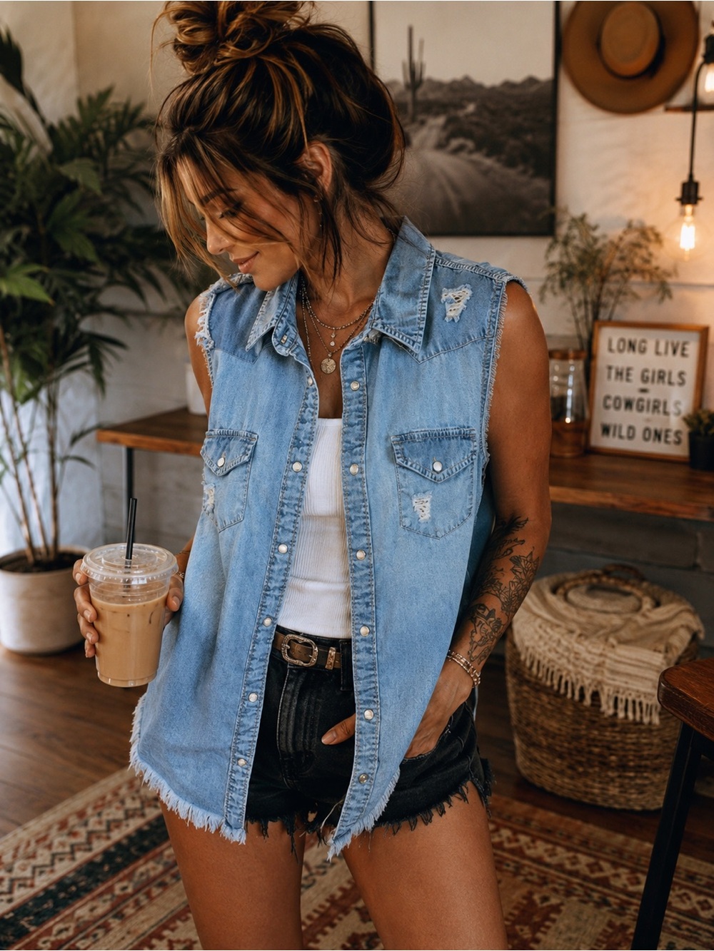 Hippie Laundry Distressed Denim Sleeveless Button Down Raw Hem Top L